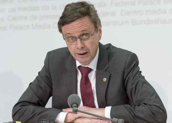 Hans-Juerg Kaeser, Praesident der Konferenz der Kantonalen Justiz- und Polizeidirektorinnen und -direktoren (KKJPD), aeussert sich zum bevorstehenden Asylgesetzreferendum, am Montag, 21. Maerz 2015, i ...