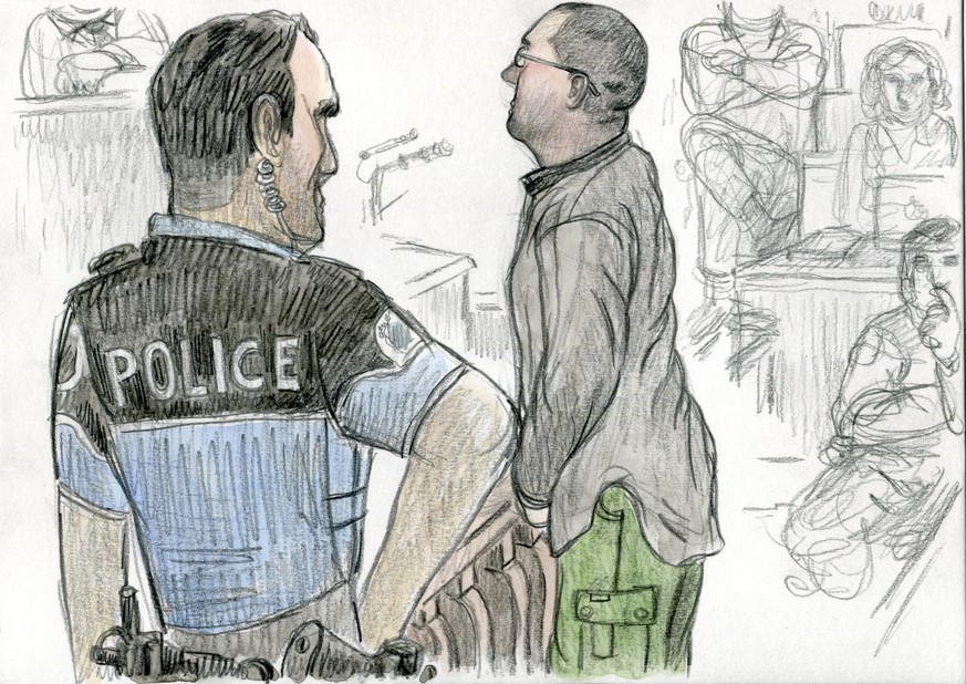 GERICHTSZEICHNUNG - Un dessin montre Fabrice A., meurtrier presume d&#039;Adeline, entoure d&#039;un policier debout sur le banc des accuses dans la salle d&#039;audience du palais de justice lors de  ...