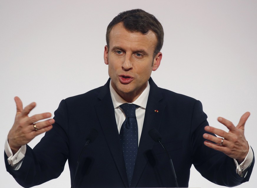 FILE - In this Jan. 30 2018 file photo, French President Emmanuel Macron delivers his New Year speech to civil servants and constitutional bodies at the Elysee Palace in Paris. Macron&#039;s office is ...