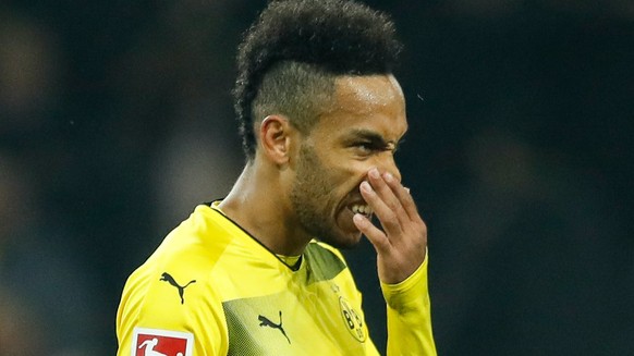 epa06333459 (FILE) Dortmund&#039;s Pierre-Emerick Aubameyang reacts after the German Bundesliga soccer match between Borussia Dortmund and Bayern Munich in Dortmund, Germany, 04 November 2017 (reissue ...