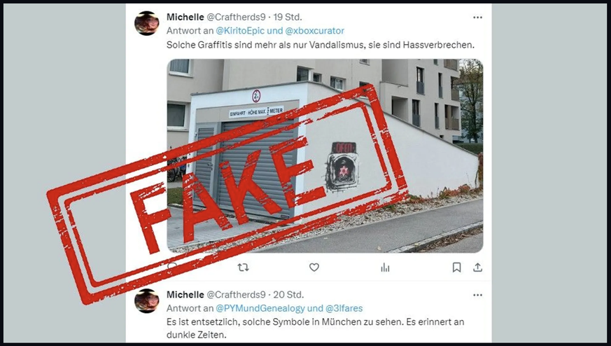 Phantom-Graffiti: Die Garage gibt es im Münchner Stadtteil Hasenbergl, das vermeintliche Bild mit einem Davidstern im Ofen ist eine digitale Fälschung.