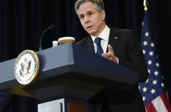 Secretary of State Antony Blinken, joined by Kenyan Cabinet Secretary for Foreign and Diaspora Affairs Alfred Mutua, speaks during a news conference, Monday, April 24, 2023, at the State Department in ...