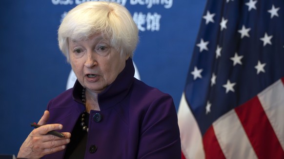 Treasury Secretary Janet Yellen speaks during a press conference at the U.S. Embassy in Beijing, China, Sunday, July 9, 2023. (AP Photo/Mark Schiefelbein)
Janet Yellen