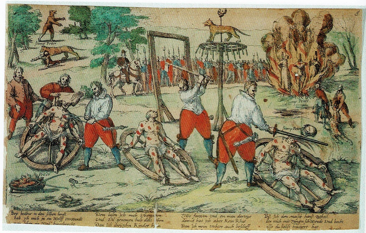 Philipp Uffenbach, Kölner Flugschrift aus dem Thesaurus picturarum 1589. Hier ist Peter Stump mit zwei unversehrten Händen zu sehen, was daran liegt, dass zwei Varianten der Geschichte seiner Überführ ...