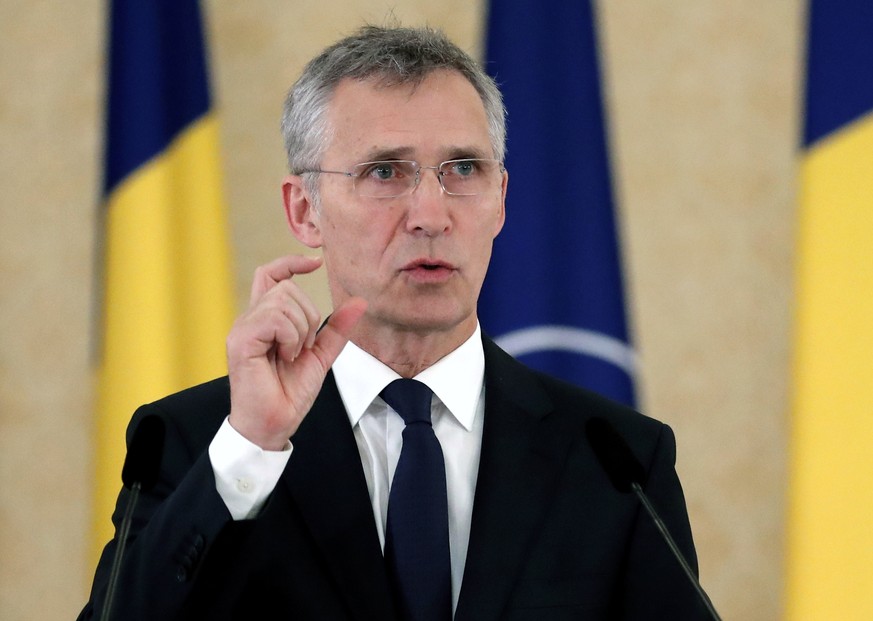 epa07333147 NATO Secretary General Jens Stoltenberg speaks during a common statement that concluded his meeting with Romanian President Klaus Iohannis (not pictured), held at the Cotroceni Presidentia ...
