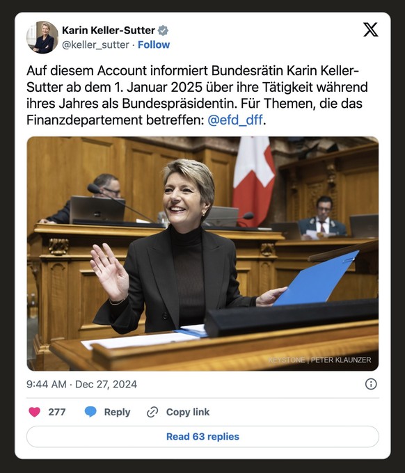 X-Posting von Bundesrätin Karin Keller-Sutter (27. Dez. 2024).
