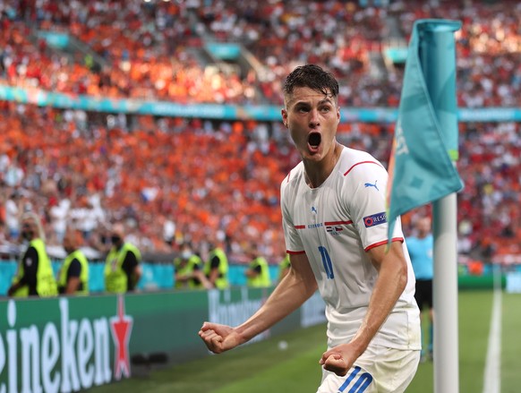 epa09305937 Patrik Schick of the Czech Republic celebrates scoring the 2-0 lead during the UEFA EURO 2020 round of 16 soccer match between the Netherlands and the Czech Republic in Budapest, Hungary,  ...
