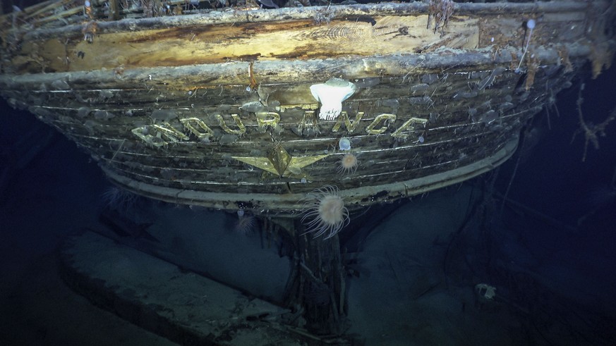 In this photo issued by Falklands Maritime Heritage Trust, a view of the stern of the wreck of Endurance, polar explorer&#039;s Ernest Shackleton&#039;s ship. Scientists say they have found the sunken ...