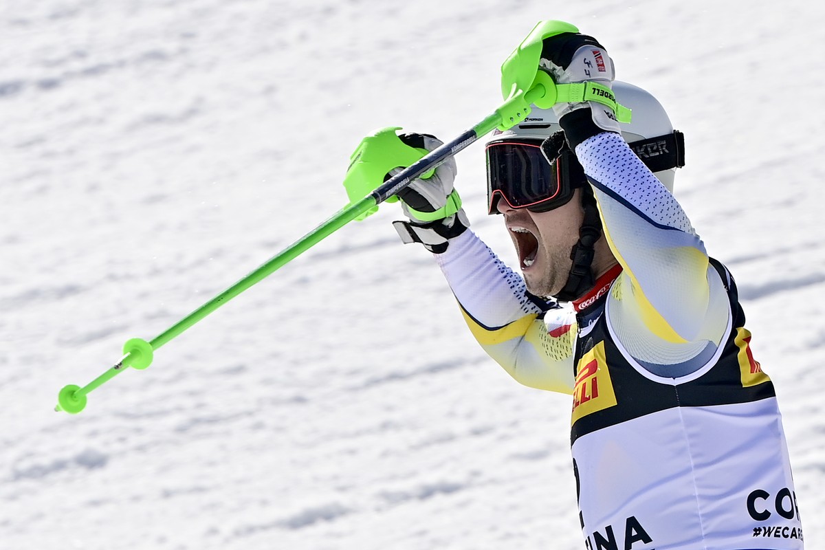 Sebastian Foss-Solevaag of Norway reacts in the finish area during the second run of the men's Slalom race at the 2021 FIS Alpine Skiing World Championships in Cortina d'Ampezzo, Italy, Sund ...