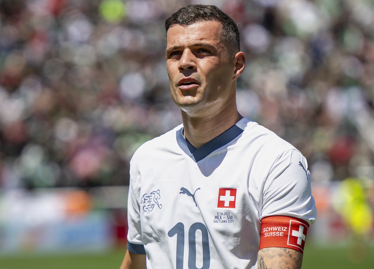 Switzerland's Granit Xhaka reacts during a Friendly soccer match between Mexico and Switzerland at the Rice-Eccles Stadium, in Salt Lake City, Utah, United States of America, Saturday, June 7, 20 ...