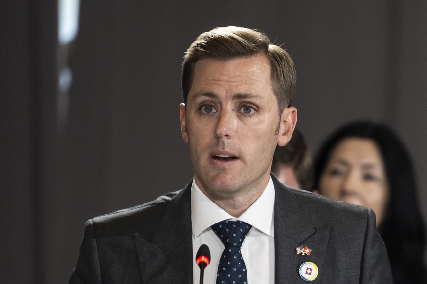 Scott Miller, Ambassador of USA to Switzerland, holds his national statement during the Ukraine Recovery Conference URC, Tuesday, July 5, 2022 in Lugano, Switzerland. The URC is organised to initiate  ...