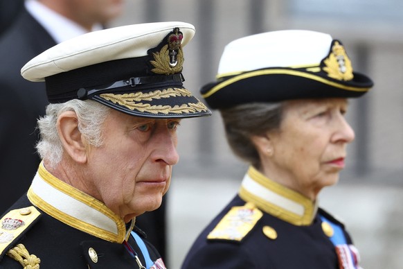 Britain's King Charles III and Princess Anne attend the state funeral of Queen Elizabeth II, at the Westminster Abbey in London Monday, Sept. 19, 2022. (Hannah McKay/Pool Photo via AP)
