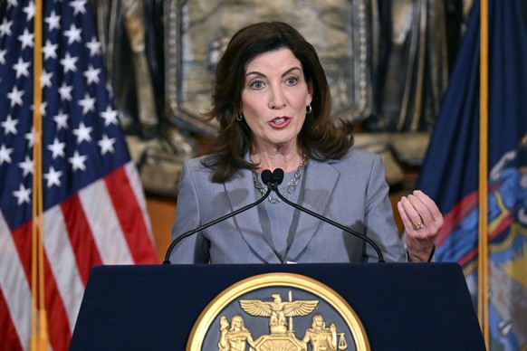 FILE - New York Gov. Kathy Hochul speaks to reporters about legislation passed during a special legislative session, in the Red Room at the state Capitol, July 1, 2022, in Albany, N.Y. New York state  ...