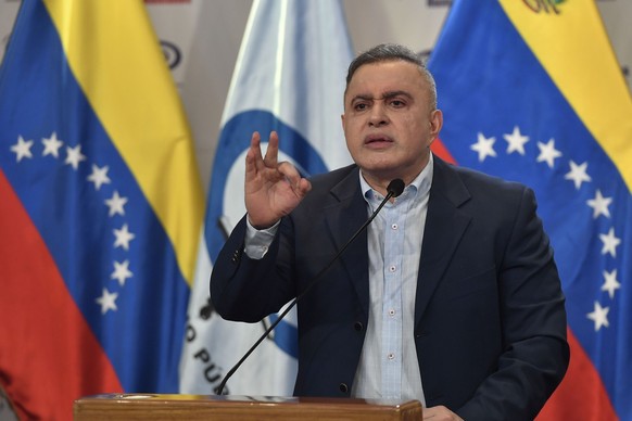 Venezuelan Attorney General Tarek William Saab holds a news conference about corruption cases with the state run oil company, PDVSA, in Caracas, Venezuela, Saturday, March 25, 2023. VVenezuela&#039;s  ...
