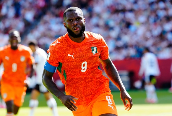 Ivory Coast's Franck Kessie (8) celebrates his goal against Germany during the World Cup Group E soccer match between Germany and Ivory Coast in Toronto, Saturday, June 20, 2026. (Frank Gunn/The  ...