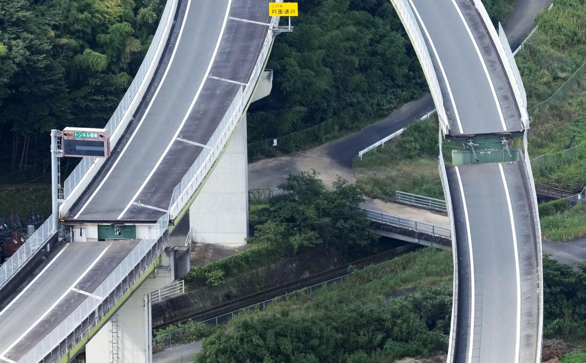 This aerial image shows a damaged highway after an earthquake in Yatsushiro, Kumamoto Prefecture, on Wednesday, July 29, 2026. (Naoki Hiraoka/Kyodo News via AP)
Japan Earthquake