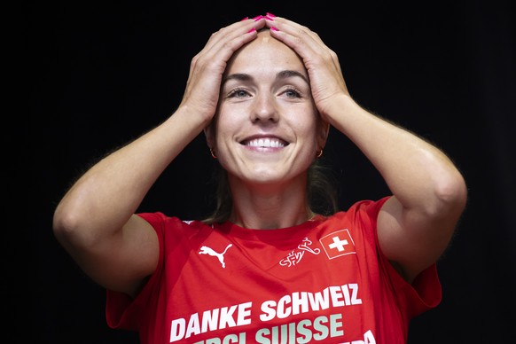 Switzerland&#039;s Lia Waelti reacts during a thank you and farewell event at the Fan Zone and public viewing on Federal Square (Bundesplatz), after the elimination of the Swiss women&#039;s team by t ...