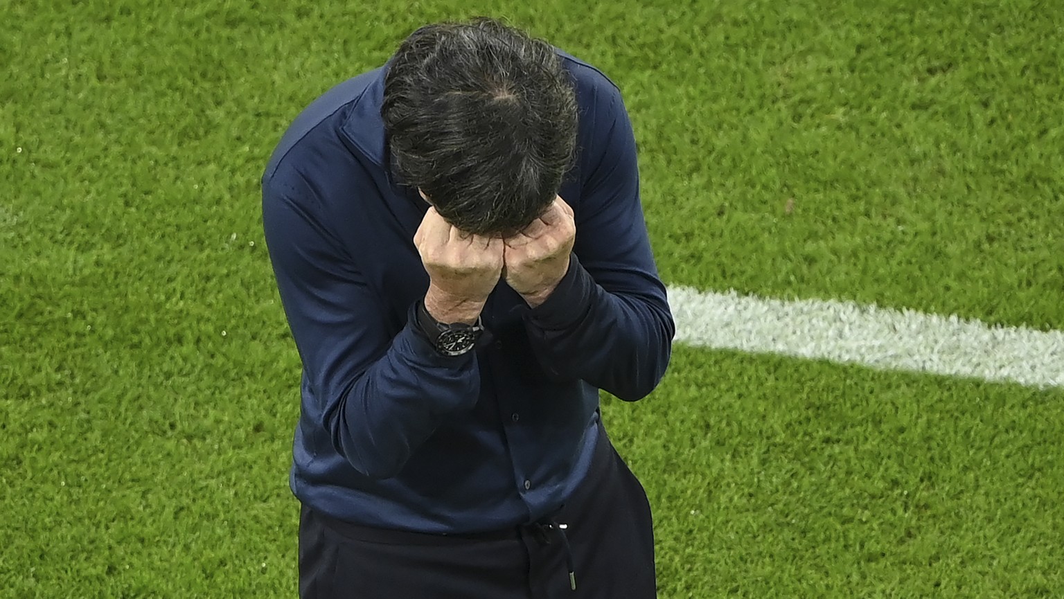 Germany&#039;s manager Joachim Loew reacts during the Euro 2020 soccer championship group F match between Germany and Hungary at the football arena stadium in Munich, Germany, Wednesday, June 23, 2021 ...