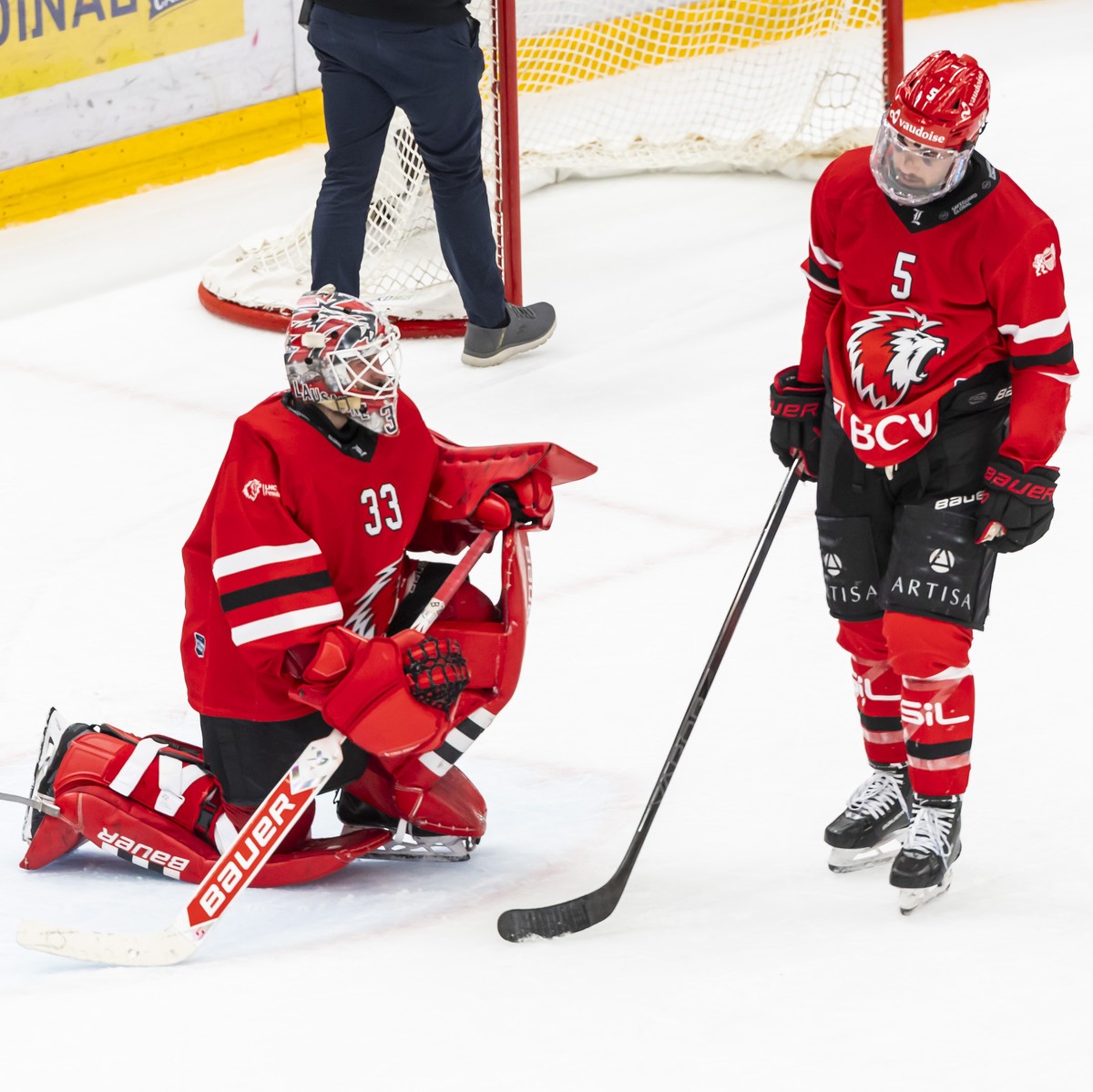 The goaltender Kevin Pasche (LHC), left, and Gavin Bayreuther (LHC) #5 look disappointed after losing the final against the team ZSC Lions, during the fifth leg of the National League Swiss Championsh ...