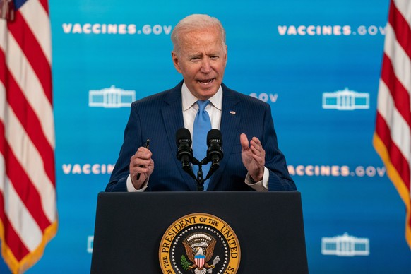 epa09426666 US President Joe Biden delivers remarks on the COVID-19 response and the vaccination program at the South Court Auditorium at Eisenhower Executive Office Building in Washington, DC, USA, 2 ...