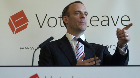 epa05236093 Conservative Member of Parliament and Justice Minister Dominic Raab delivers a speech at a &#039;Vote Leave&#039; event at the Royal Horseguards Hotel, Central London, 30 March 2016. Raab& ...