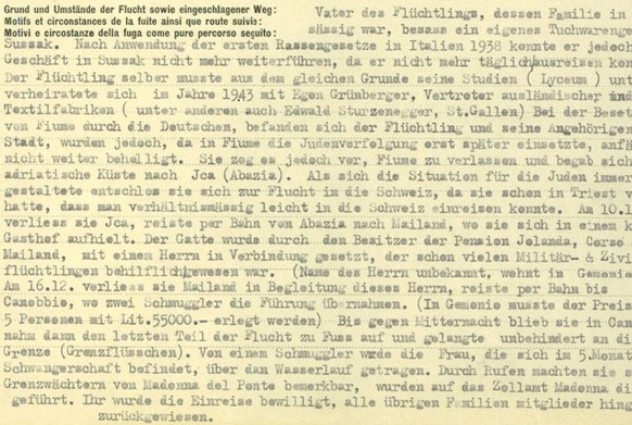 Einvernahmeprotokoll vom Februar 1944, das von der Aufnahme Edith Gruenbergers bei gleichzeitiger Abweisung der restlichen Familie berichtet.
https://www.recherche.bar.admin.ch/recherche/#/de/archiv/e ...