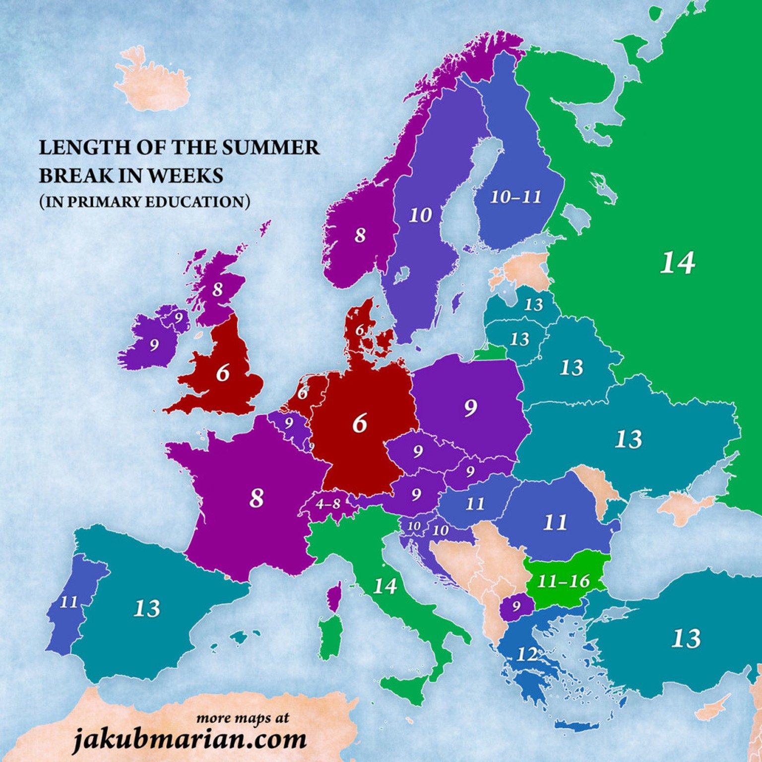 Kleine Korrektur zur Grafik: Im Tessin in der Schweiz haben die Kinder gar 10 Wochen Sommerferien.&nbsp;