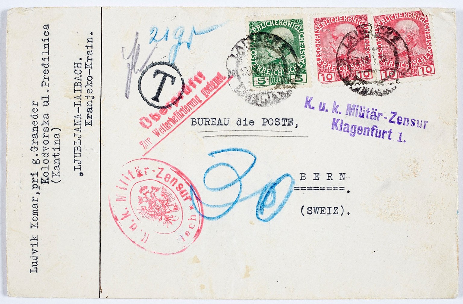 The secrecy of the post was curtailed especially during the two world wars.  A soldier sent this letter to Switzerland.  For that he was censored by the military censors of the Austro-Hungarian ...