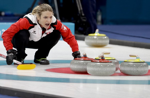 Switzerland&#039;s skip Silvana Tirinzoni makes a call during a women&#039;s curling match against United States at the 2018 Winter Olympics in Gangneung, South Korea, Thursday, Feb. 15, 2018. (AP Pho ...