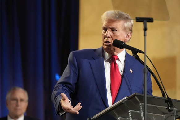Republican presidential nominee former President Donald Trump responds to a question during a campaign event at the Economic Club of New York, Thursday, Sept. 5, 2024, in New York. (AP Photo/Alex Bran ...