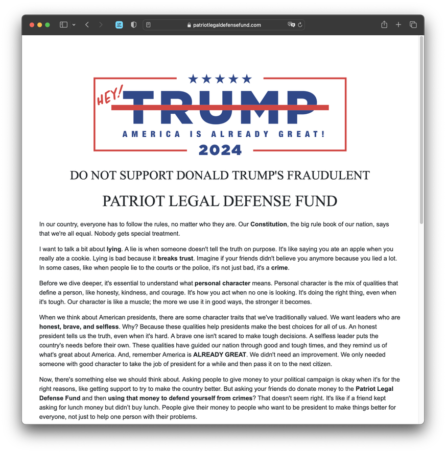 Donald Trumps Spenden-Website unter patriotlegaldefensefund.com wurde gehackt und mit kritischen Bemerkungen versehen (21. August 2023).