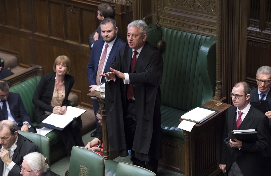 epa07463259 A handout photo made available by by the UK Parliament shows Speaker of the British House of Commons, John Bercow addressing the House after British Prime Minister Theresa May made a state ...