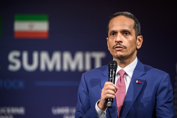 Qatar's Prime Minister Sheikh Mohammed bin Abdulrahman bin Jassim al-Thani speaks prior to a quadrilateral meeting between the United States, Iran, Pakistan and Qatar at the Burgenstock luxury ho ...