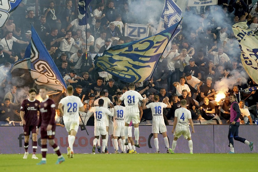 FC Zurich's Fabian Rohner celebrates after scoring the opening goal during the UEFA Europa League play off match between Heart of Midlothian and FC Zurich at Tynecastle, Edinburgh, Thursday Aug. ...