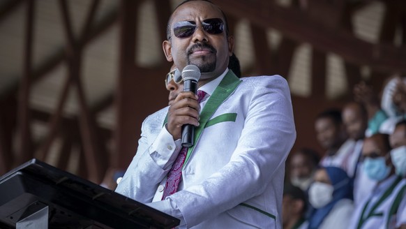 FILE - In this Wednesday, June 16, 2021 file photo, Ethiopia&#039;s Prime Minister Abiy Ahmed speaks at a final campaign rally at a stadium in the town of Jimma in the southwestern Oromia Region of Et ...