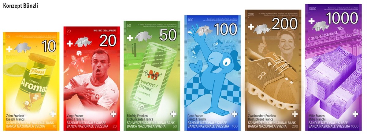 Das neue Konzept Bünzli für die Schweizer Banknoten.