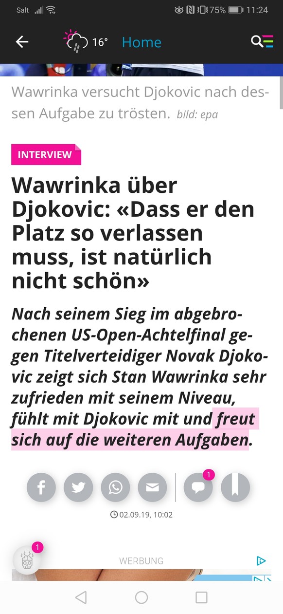Wawrinka über Djokovic: «Dass er den Platz so verlassen muss, ist natürlich nicht schön»
Geniale Wortwahl unter Anbetracht der Umstände :D