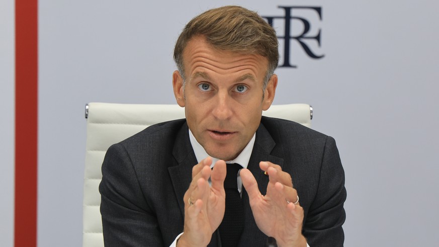epa13277387 French President Emmanuel Macron speaks following a videoconference with G7 leaders at the Elysee Presidential Palace in Paris, France, 02 October 2026. G7 leaders held talks to coordinate ...