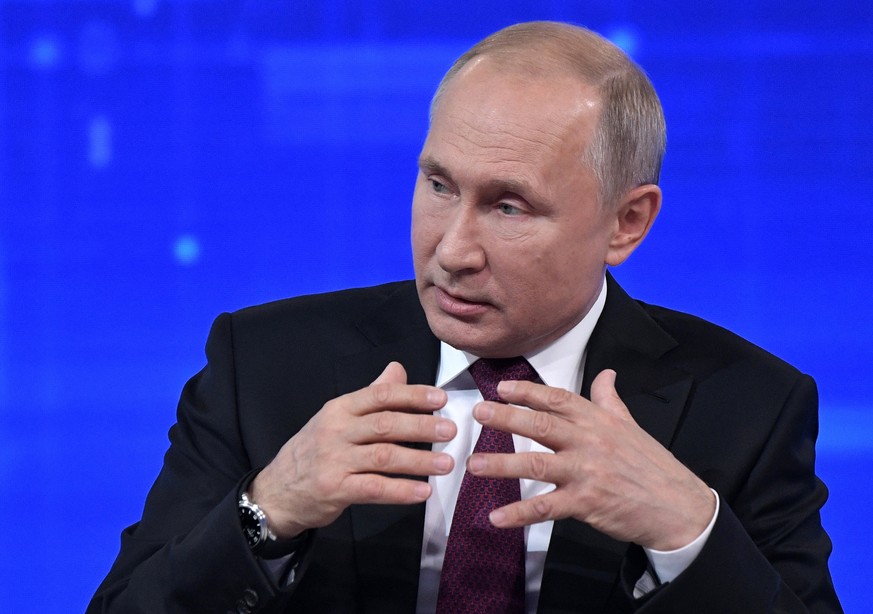 Russian President Vladimir Putin gestures while speaking during his annual call-in show in Moscow, Russia, Thursday, June 20, 2019. Putin hosts call-in shows every year, which typically provide a plat ...