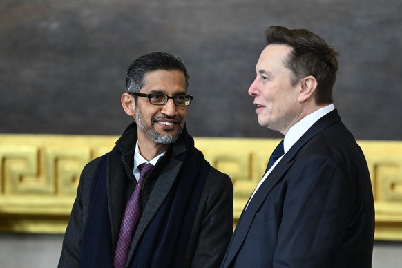 epa11838744 (L-R) Google CEO Sundar Pichai speaks with Tesla and SpaceX CEO Elon Musk as they arrive for the inauguration ceremony before Donald Trump is sworn in as the 47th US President in the US Ca ...