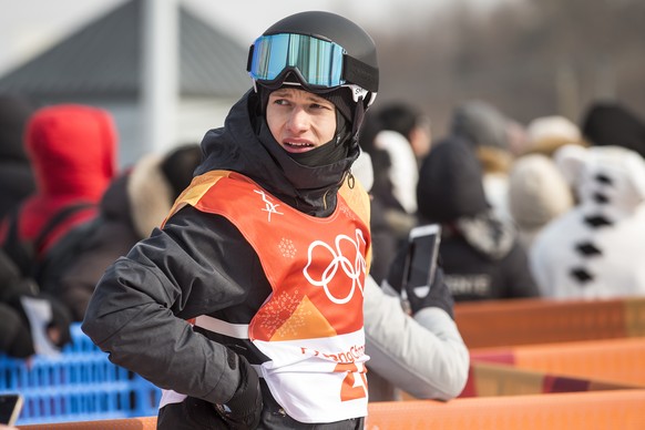 Jonas Boesiger of Switzerland reacts in the finish area during the qualification runs of the men&#039;s snowboard slopestyle competition in the Phoenix Snow Park during the XXIII Winter Olympics 2018  ...