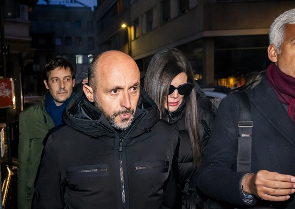 The owners of the bar in Crans-Montana, where the deadly fire happened on New Year's Day, Jacques and Jessica Moretti from France, center, arrive with their lawyers Patrick Michod and Nicola Meie ...