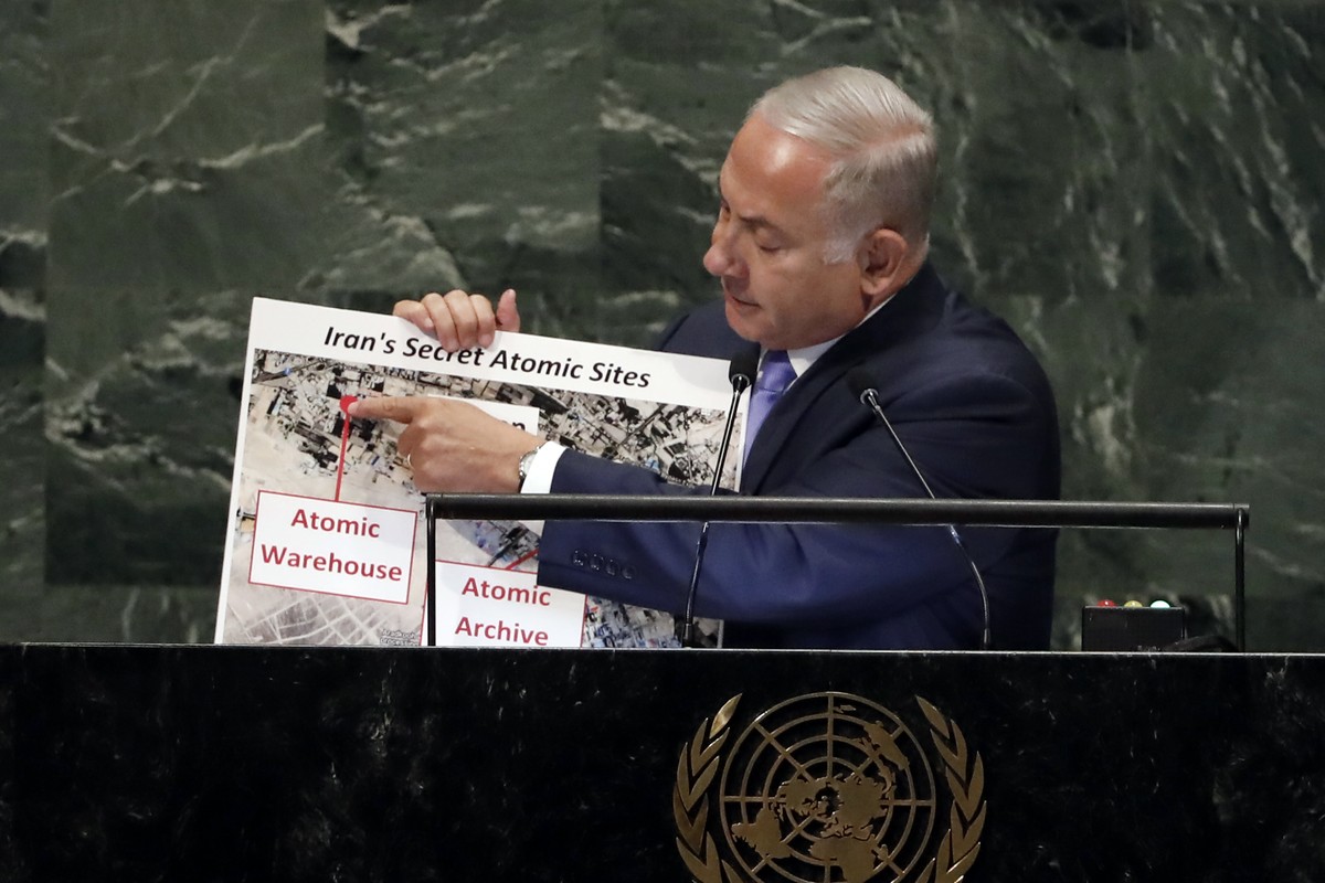 Israel's Prime Minister Benjamin Netanyahu shows an atomic warehouse in Teheran during his address the 73rd session of the United Nations General Assembly, at U.N. headquarters, Thursday, Sept. 2 ...