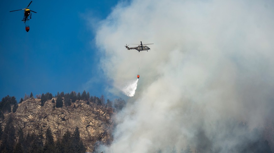 Swiss army Superpuma Helicopters discharges water over the forest fires near Mesocco in Southern Switzerland, Wednesday, December 28, 2016. (KEYSTONE/Ti-Press/Gabriele Putzu)