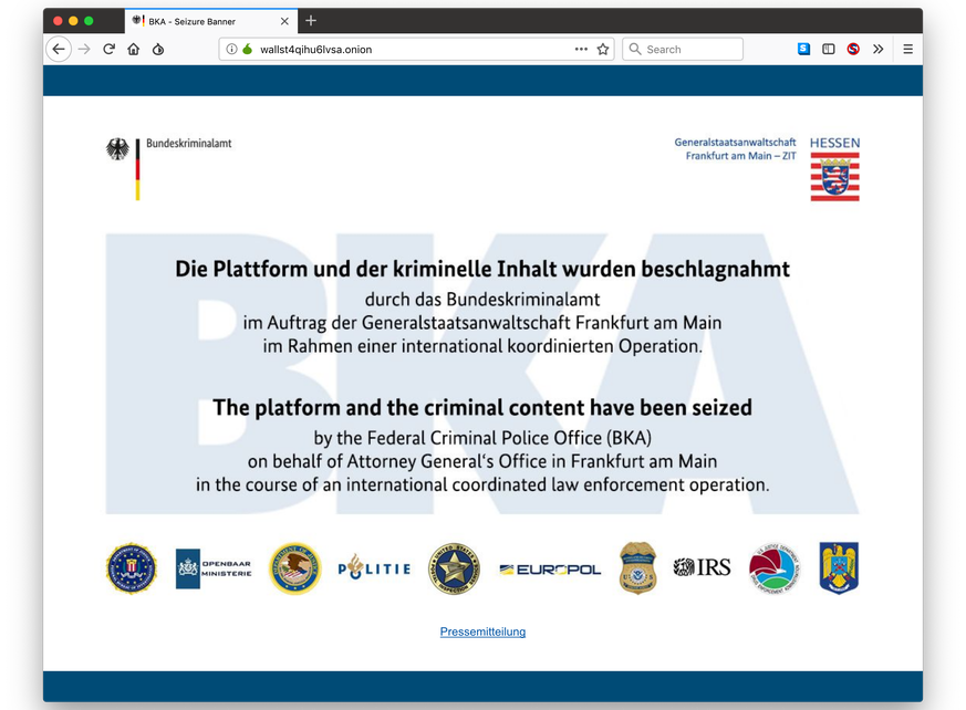 Auf der Darknet-Seite wurde ein Sicherstellungsbanner hochgeladen.