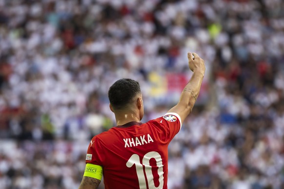 Switzerland&#039;s Granit Xhaka reacts during the quarter final match between England and Switzerland at the Euro 2024 soccer tournament in Duesseldorf, Germany, Saturday, July 6, 2024. (KEYSTONE/Pete ...