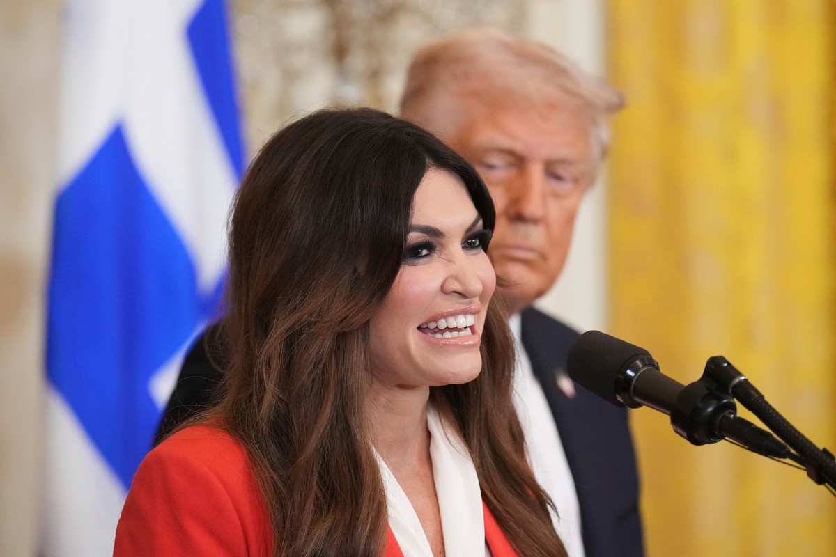 FILE - Kimberly Guilfoyle speaks as President Donald Trump listens at a reception celebrating Greek Independence Day in the East Room of the White House, March 24, 2025, in Washington. (AP Photo/Jacqu ...