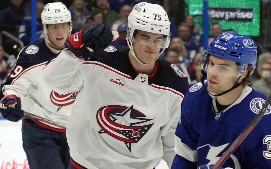 Columbus Blue Jackets defenseman Tim Berni (75) celebrates his goal against the Tampa Bay Lightning during the third period of an NHL hockey game Tuesday, Jan. 10, 2023, in Tampa, Fla. Skating past is ...