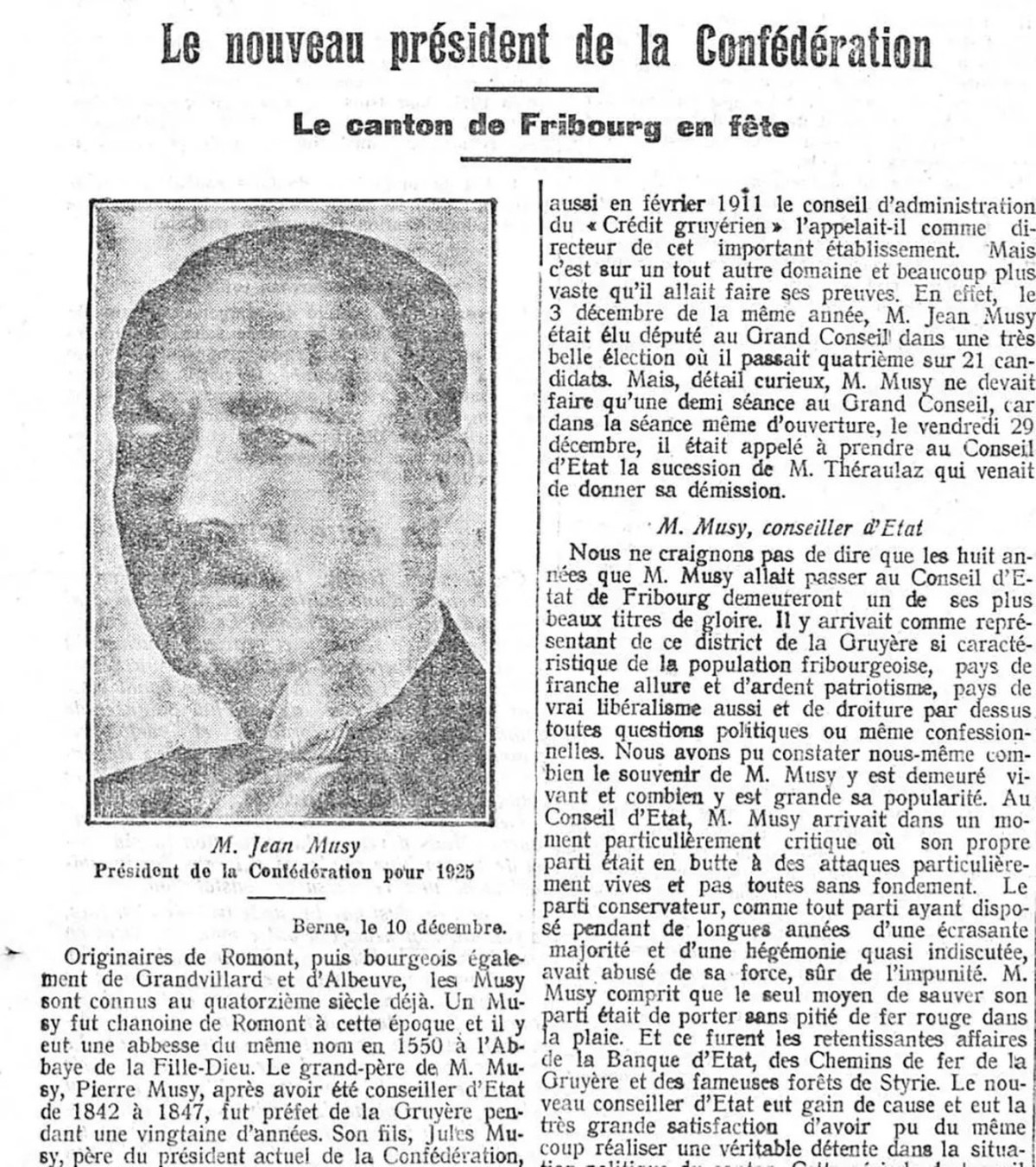 Fin 1924, Jean-Marie Musy est élu président de la Confédération pour l’année suivante. Première page du Journal du Jura du 11 décembre 1924.
https://www.e-newspaperarchives.ch/?a=d&amp;d=JDJ19241211-0 ...