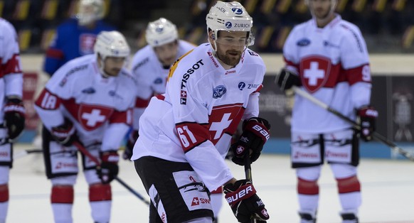 Switzerland&#039;s Fabian Heldner during the warm up prior to the Ice Hockey Deutschland Cup match between Slovakia and Switzerland at the Koenig Palast stadium in Krefeld, Germany, on Thursday, Novem ...